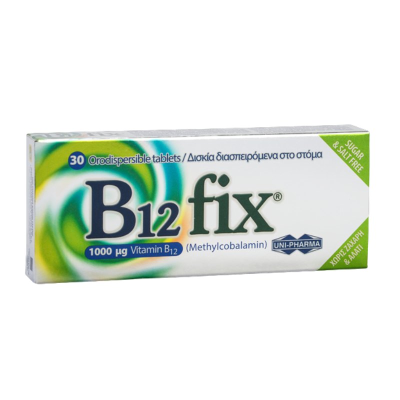 UNI-PHARMA B12 Fix Βιταμίνη B12 UNI-PHARMA, B12 Fix, Βιταμίνη B12, 1000mg, 30 Δισκία Διασπειρόμενα στο Στόμα, 5206938000364
