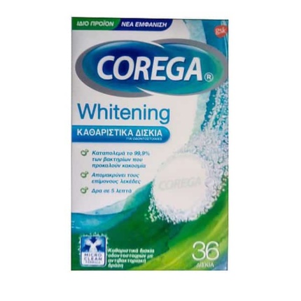COREGA Whitening Καθαριστικά Αναβράζοντα Δισκία Οδοντοστοιχιών 36Τμχ