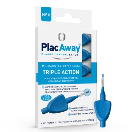 PLAC AWAY Μεσοδόντιο Βουρτσάκι Triple Action 0.6mm, ISO 3, Μπλε, 6 Τεμάχια