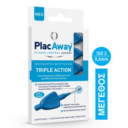 PLAC AWAY Μεσοδόντιο Βουρτσάκι Triple Action 0.6mm, ISO 3, Μπλε, 6 Τεμάχια