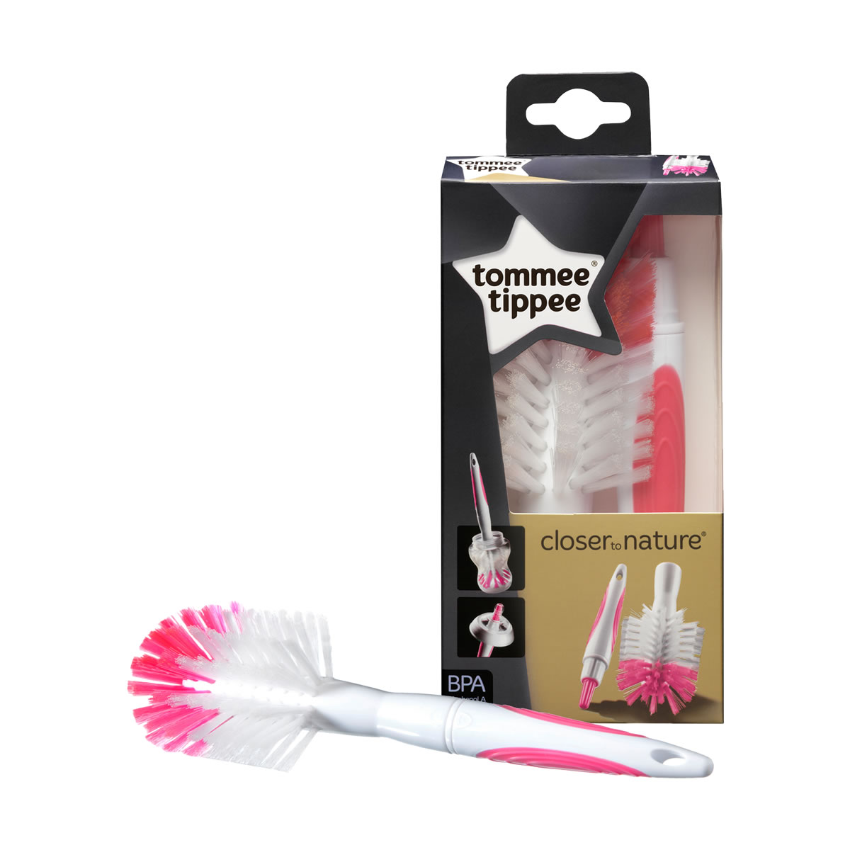 PNG, FR, Closer to Nature, Bottle and Teat Brush, pink, product and packaging TOMMEE TIPPEE Βούρτσα Kαθαρισμού Mπιμπερό & Θηλών - Image 1