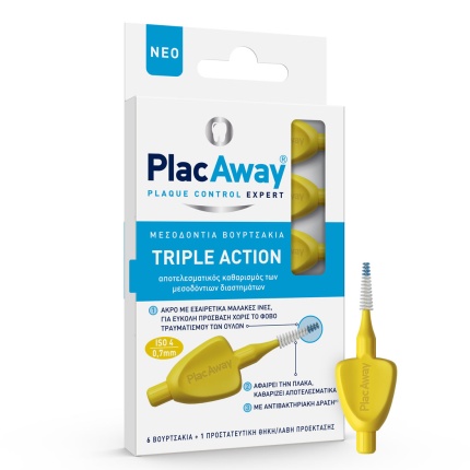Plac Away Μεσοδόντιο Βουρτσάκι Triple Action 0.7mm, ISO 4, Κίτρινο, 6 Τεμάχια